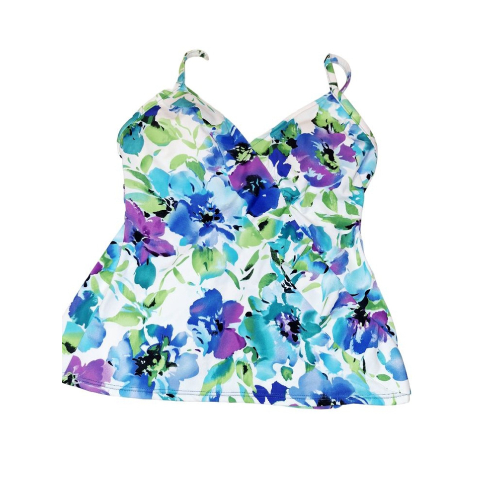 Caribbean Joe Floral Tankini Top Size 8 White Blue Green Purple